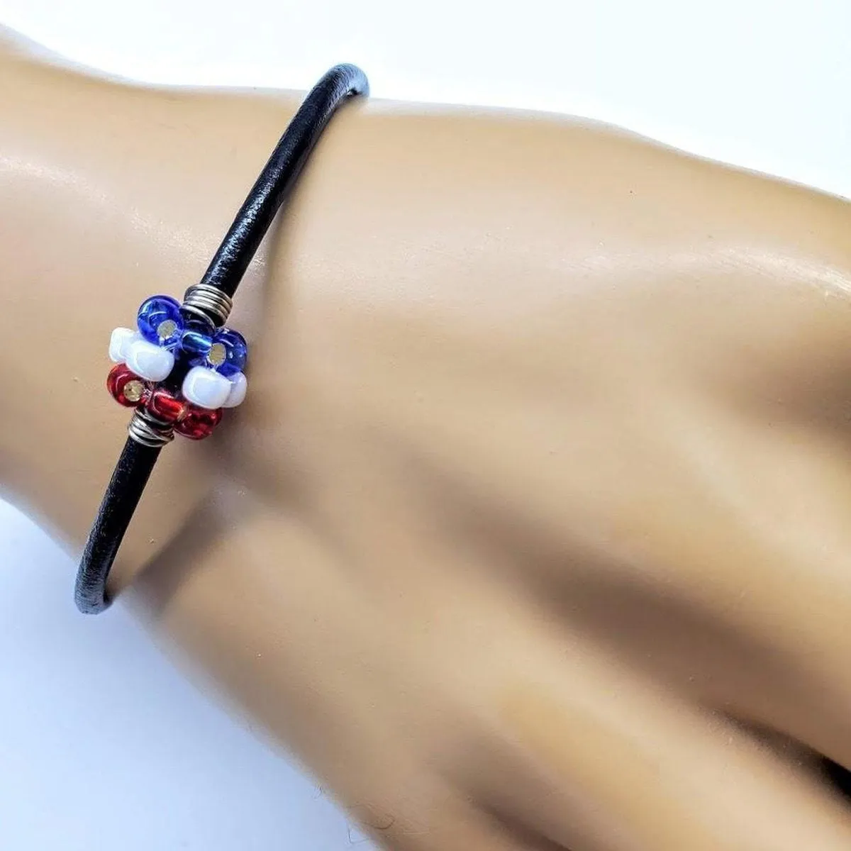 Red White And Blue Beaded Bead Leather Bracelet for Him and Her