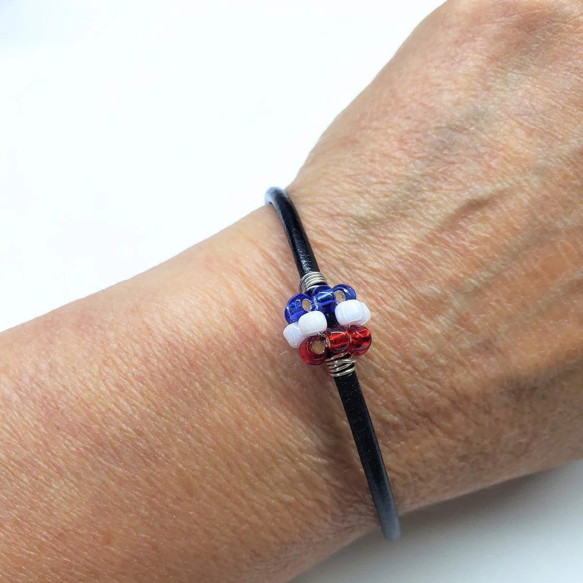 Red White And Blue Beaded Bead Leather Bracelet for Him and Her