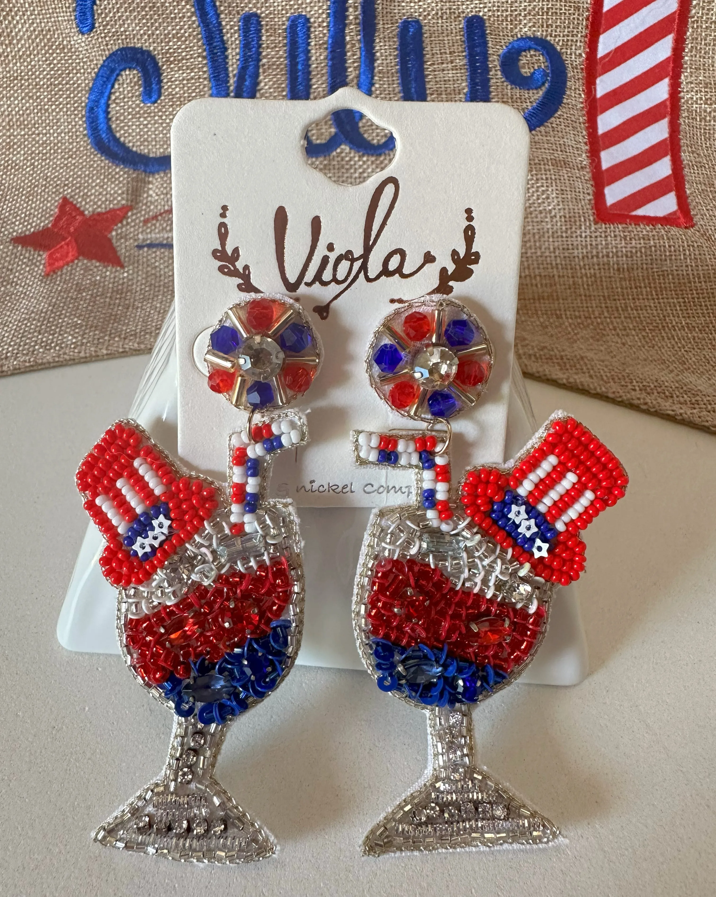 Red, White and Blue Patriotic Celebration Champaign Glasses under Fireworks Earrings