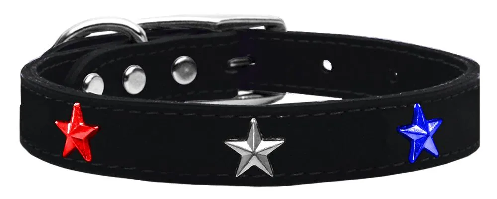 Red, White And Blue Star Widget Genuine Leather Dog Collar Black 10