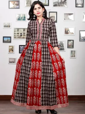 Red White Black Bagh Printed Panel Cotton Long Dress With Stand Collar  - D294F1710