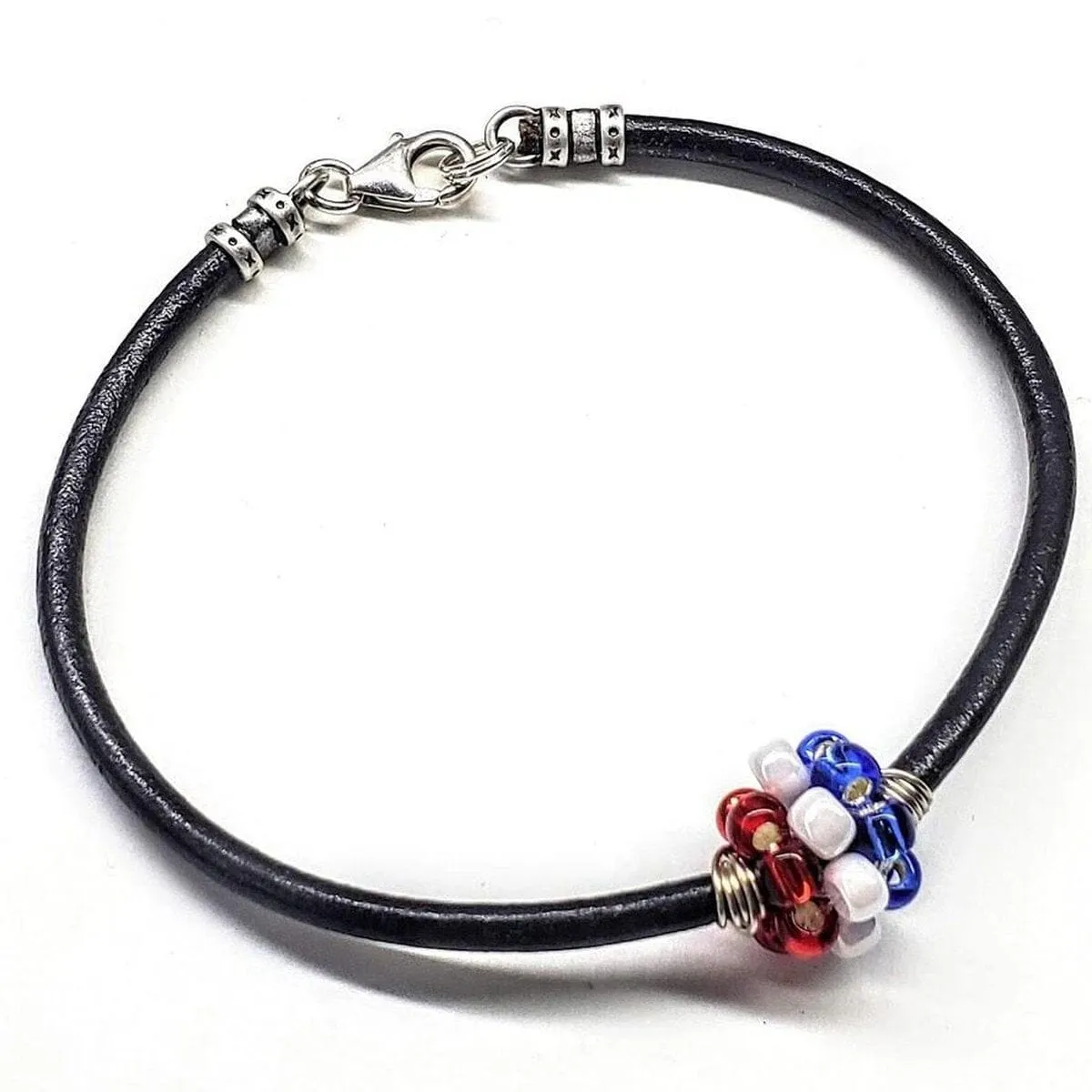 Red White Blue Beaded Bead Leather Bracelet