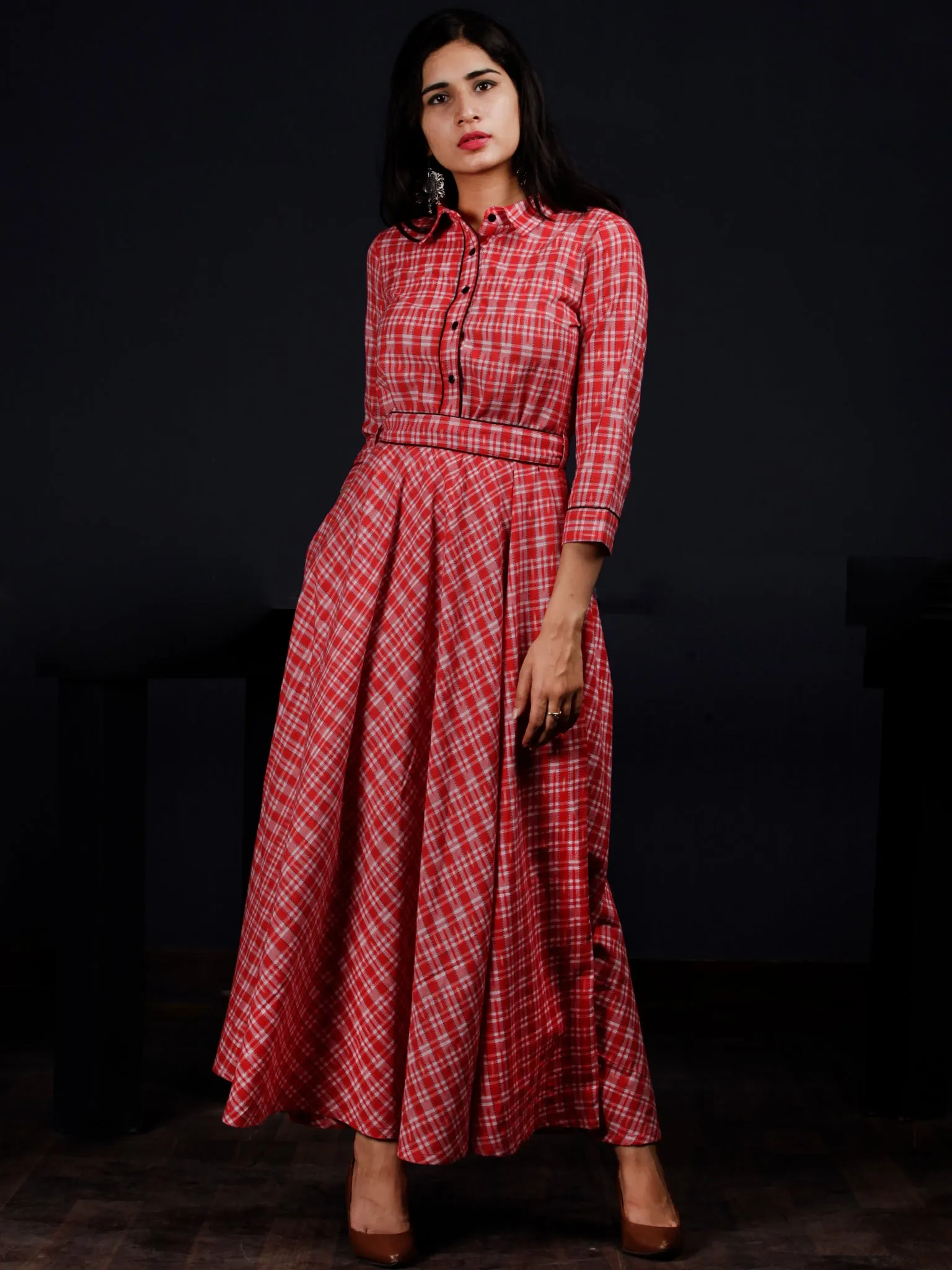 Red White Check Hand Woven Ikat Cotton Long Dress With Shirt Collar And Waist Belt - D235F1264