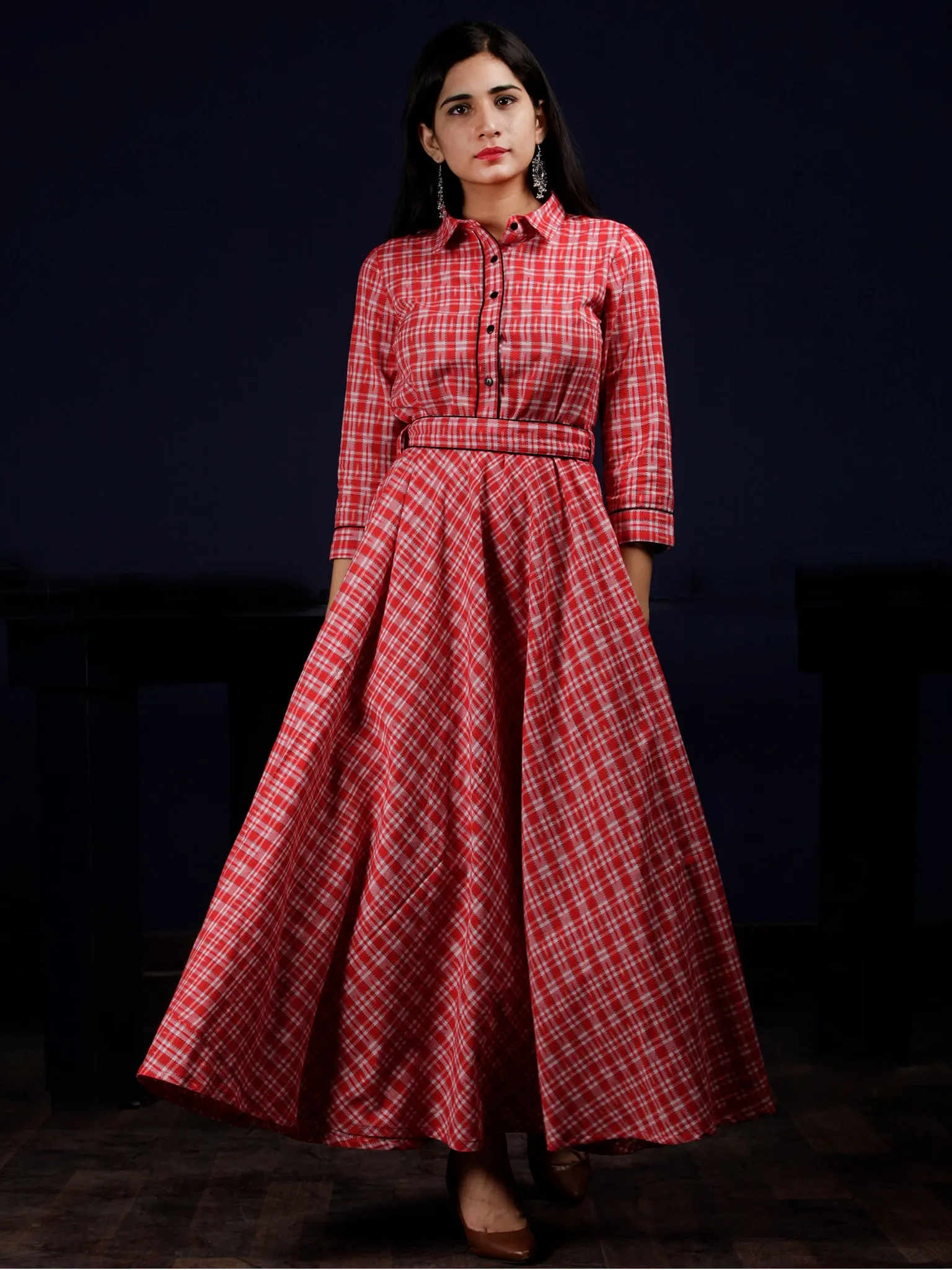 Red White Check Hand Woven Ikat Cotton Long Dress With Shirt Collar And Waist Belt - D235F1264