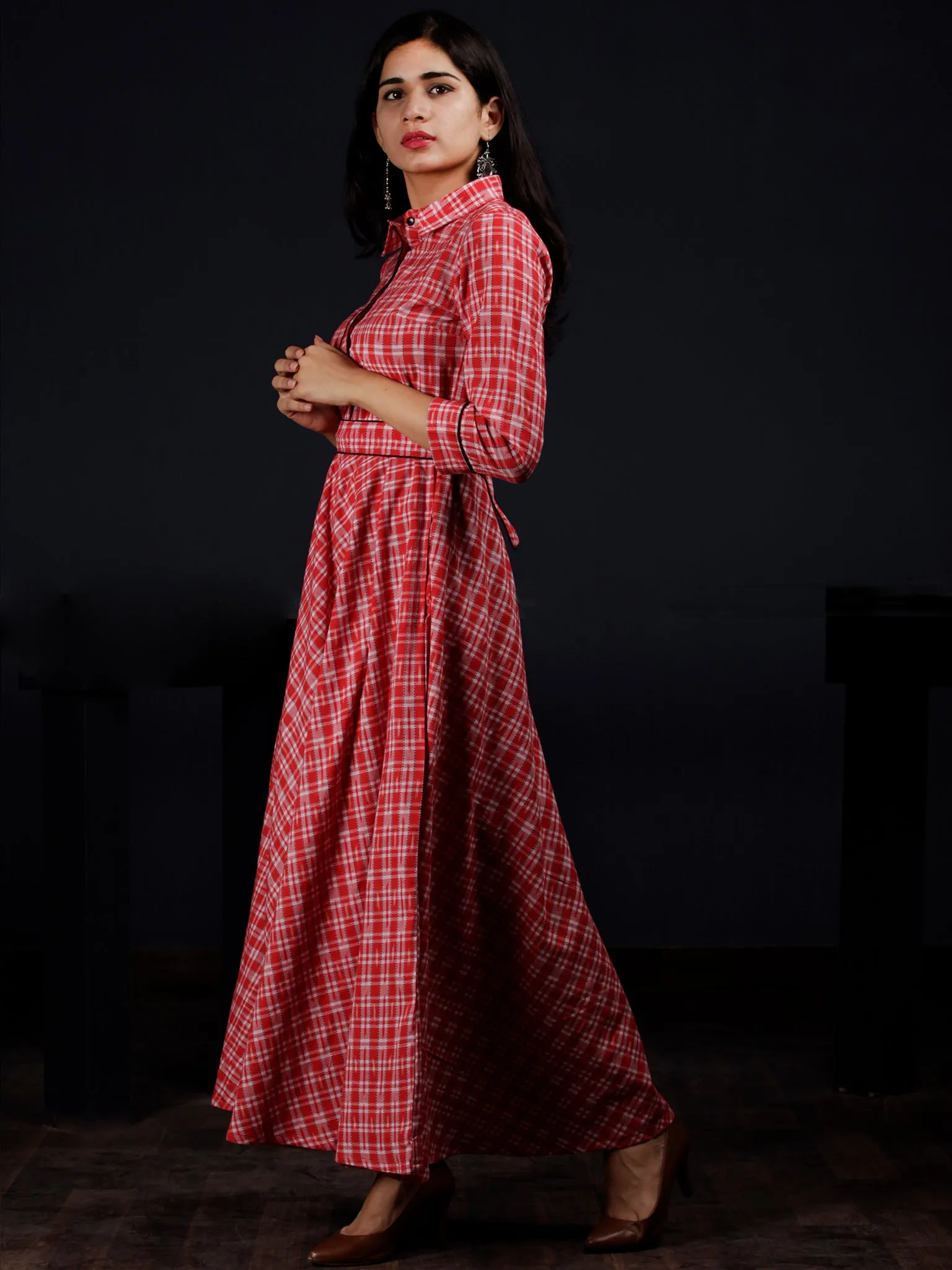 Red White Check Hand Woven Ikat Cotton Long Dress With Shirt Collar And Waist Belt - D235F1264