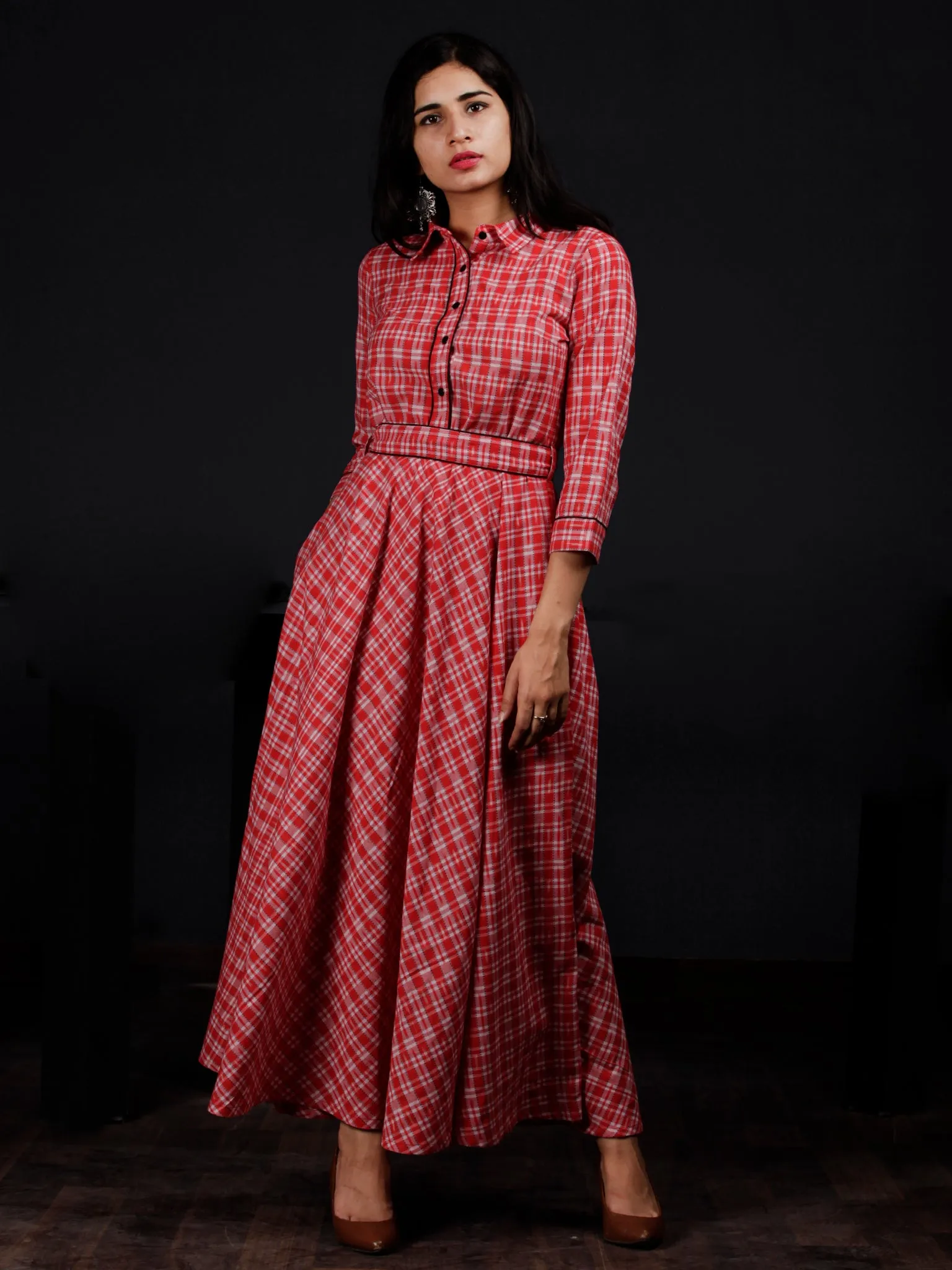 Red White Check Hand Woven Ikat Cotton Long Dress With Shirt Collar And Waist Belt - D235F1264