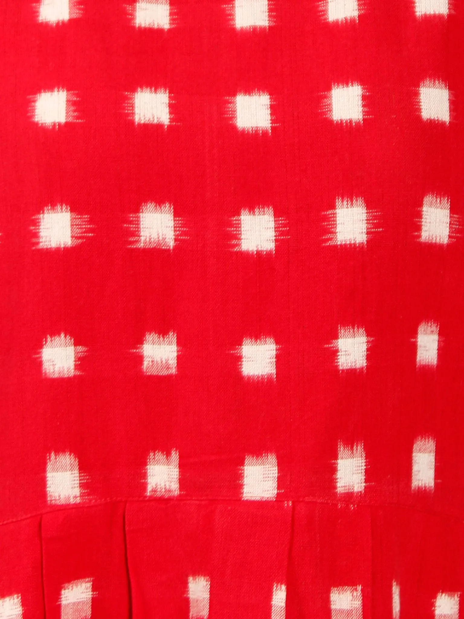 Red White Long Sleeveless Handwoven Double Ikat Dress With Knife Pleats & Side Pockets - D32F1018