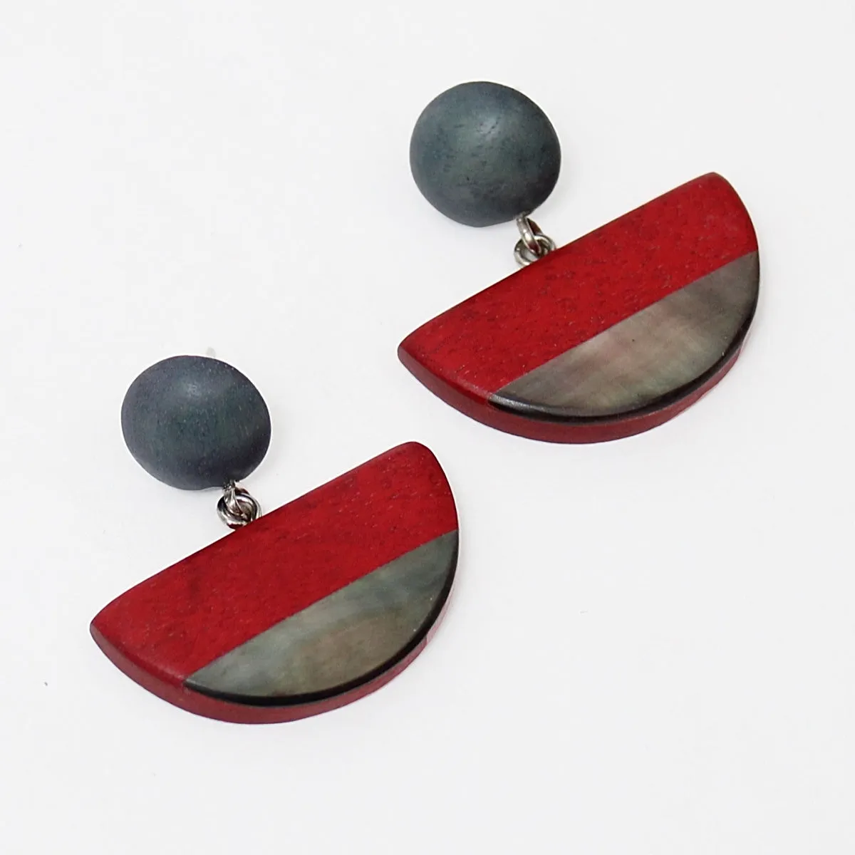 Red Wood and Shell Half Moon Earrings