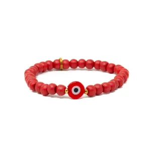 Red Wooden Bead Bracelet - Evil Eye