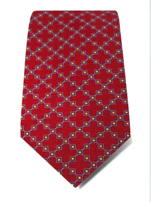 Red Woven Silk Tie with Blue, Yellow & White Diamonds & Checks