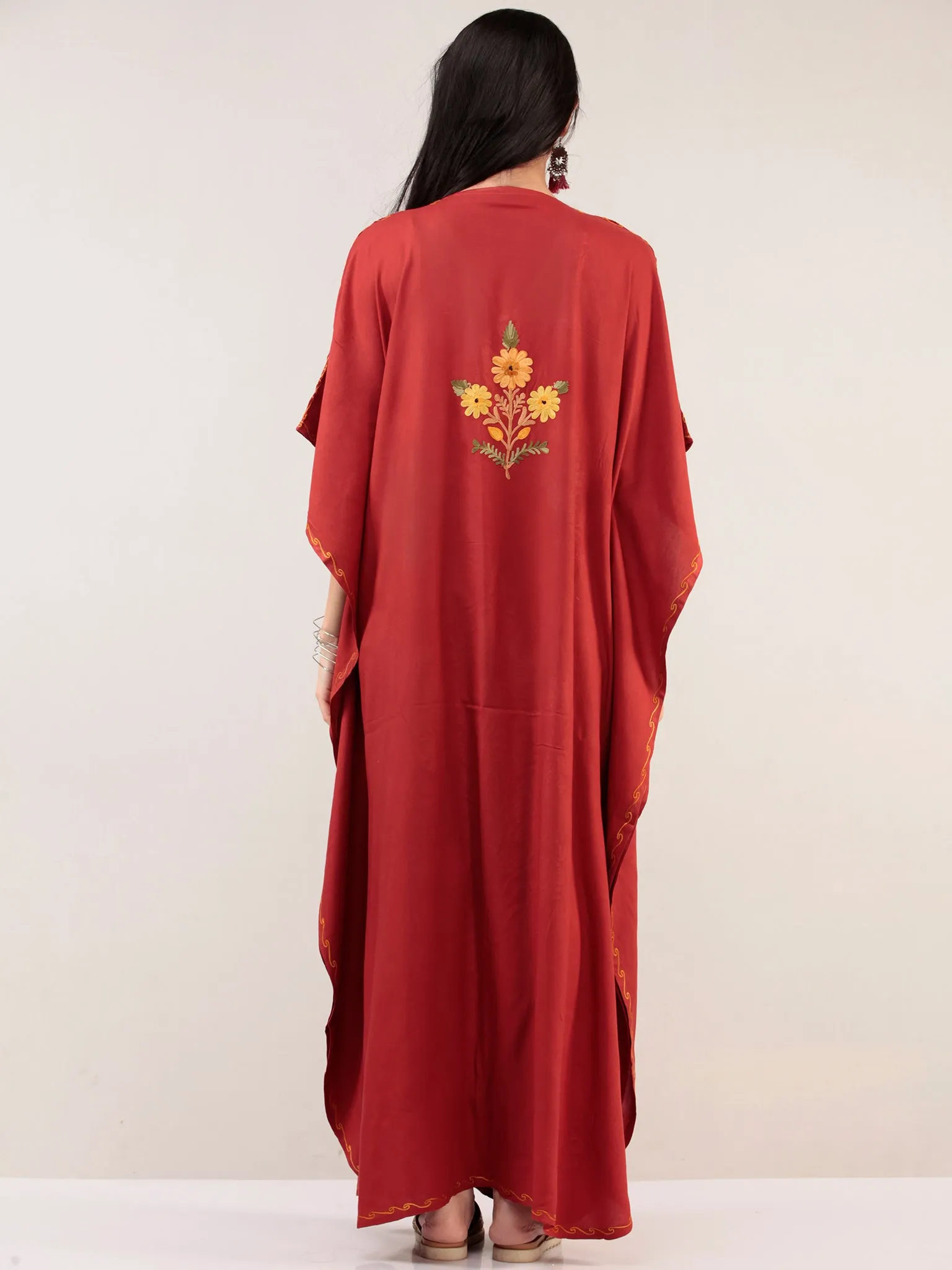 Red Yellow Aari Embroidered Kashmere Free Size Kaftan  - K12K024