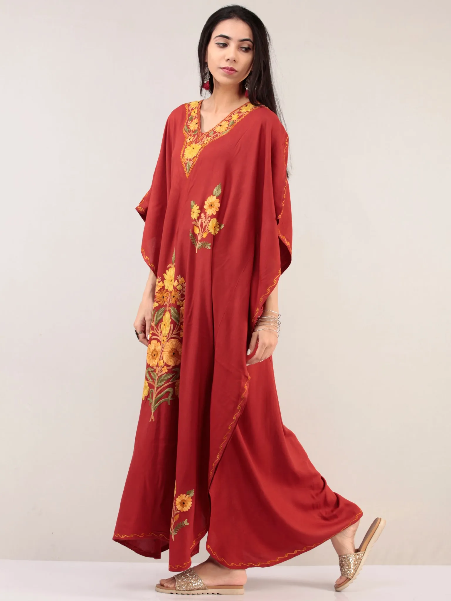 Red Yellow Aari Embroidered Kashmere Free Size Kaftan  - K12K024