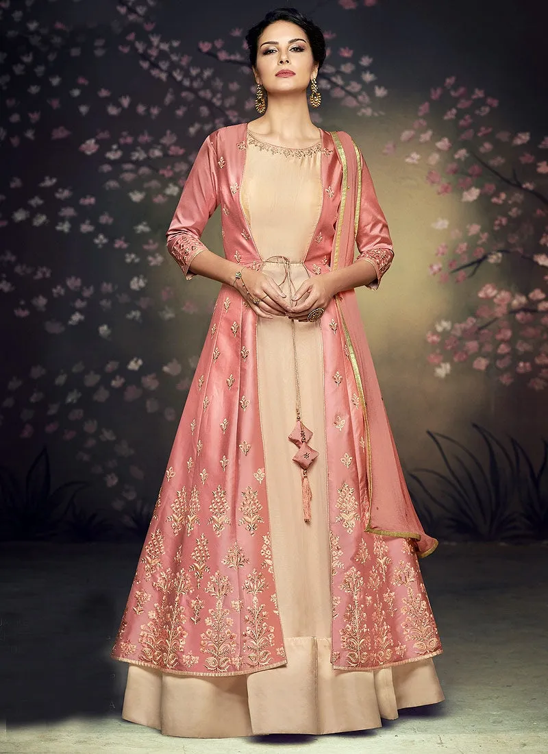 Reddish Rust Butti Embroidered Jacket Style Anarkali Suit