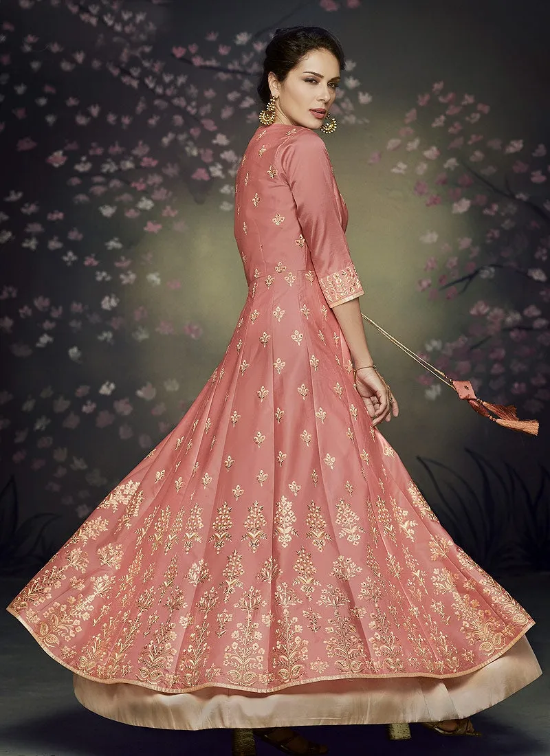 Reddish Rust Butti Embroidered Jacket Style Anarkali Suit