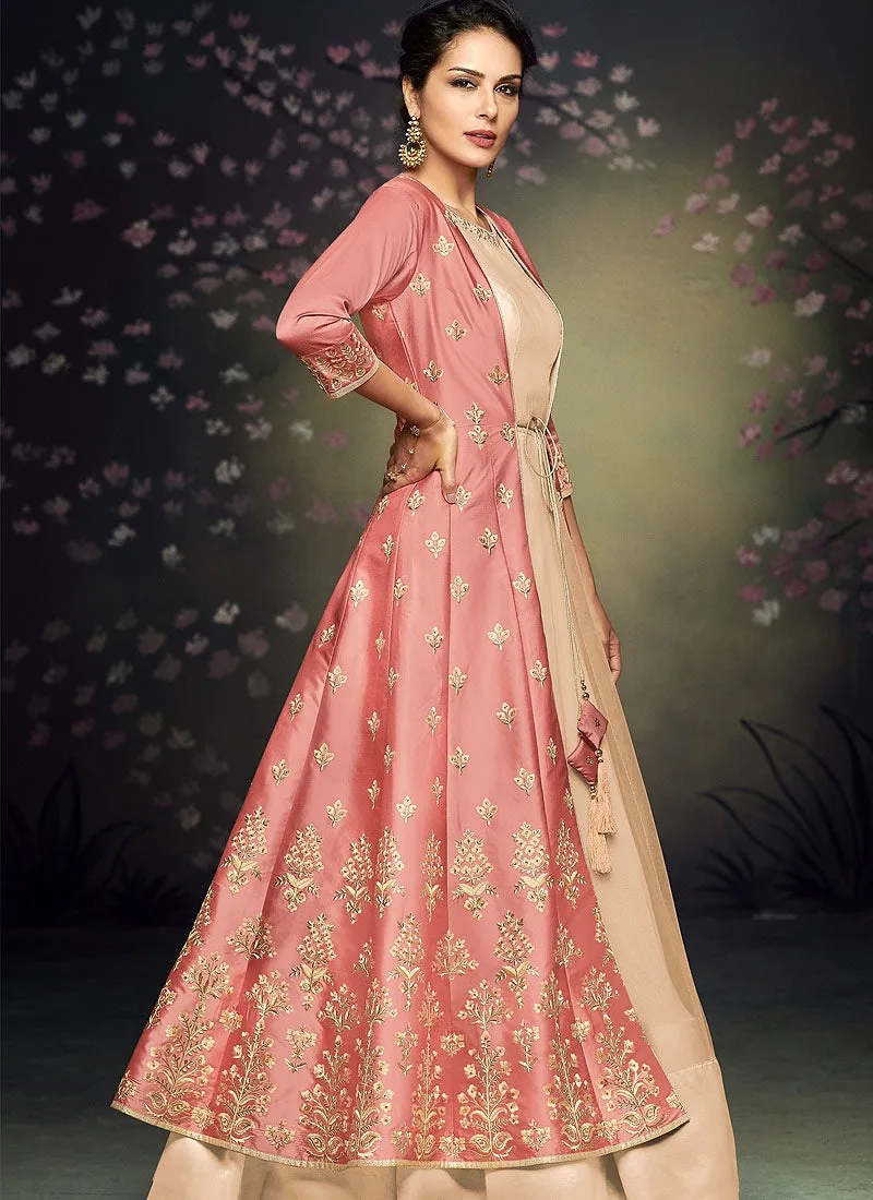 Reddish Rust Butti Embroidered Jacket Style Anarkali Suit