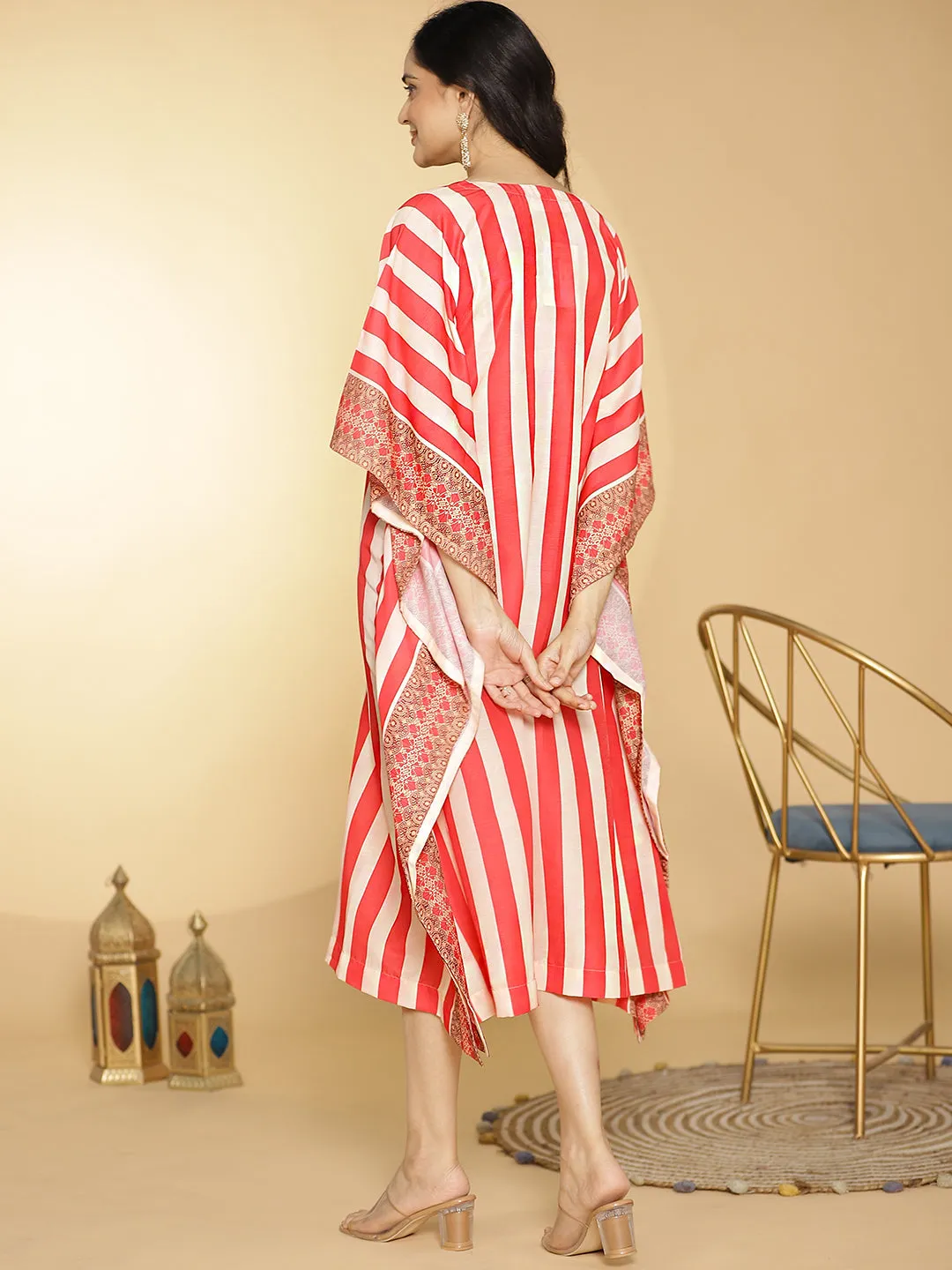 RedStripes Muslin Printed LongKaftan