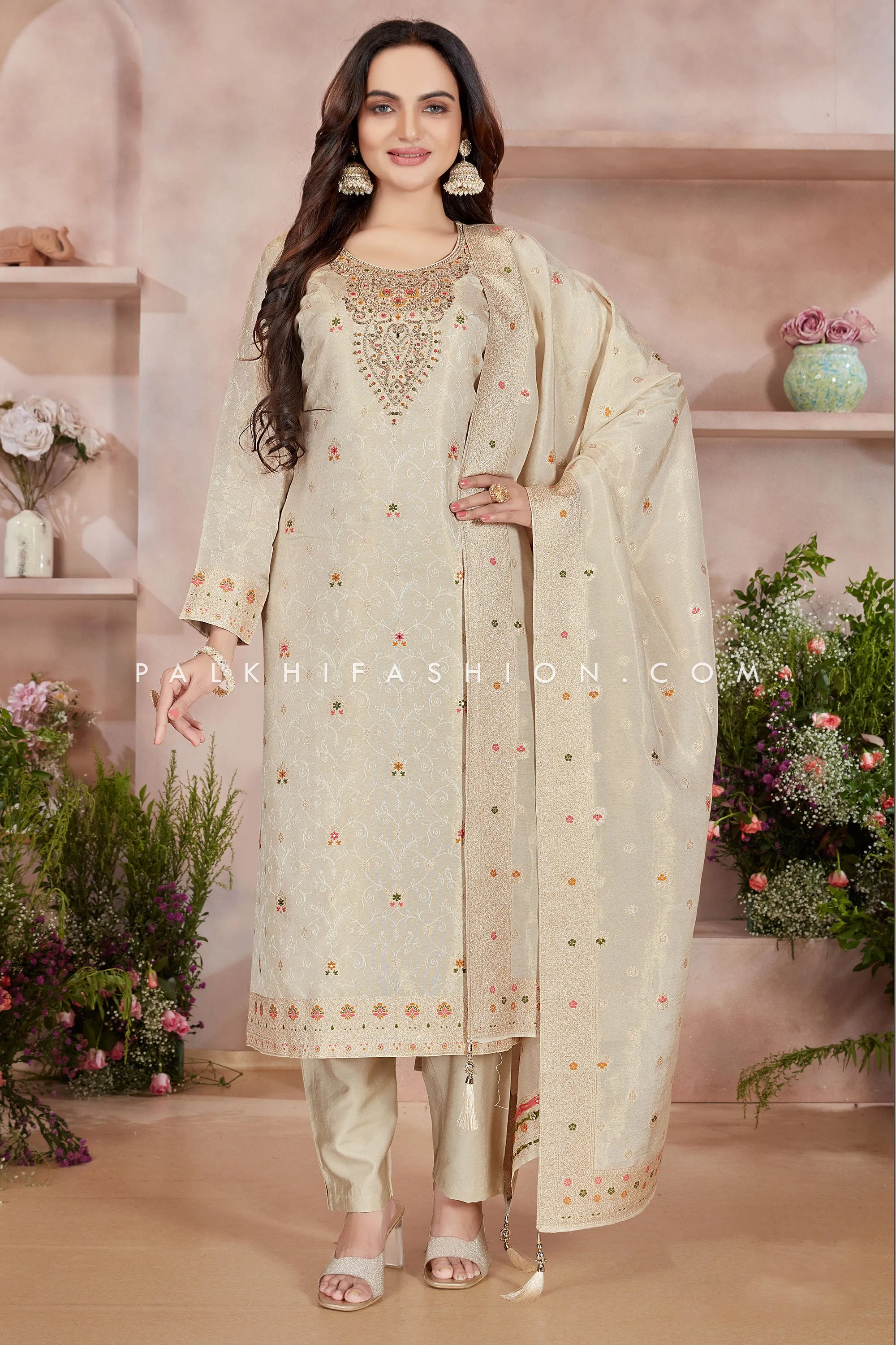 Refined Off-white Silk Suit with Elegant Embroidery Work