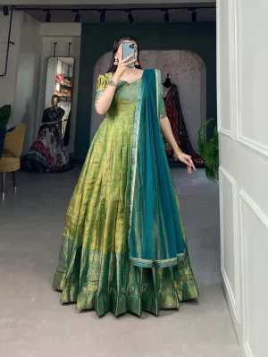 Regal Parrot Green Zari Woven Kanjivaram Gown with Net Dupatta