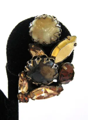 Regency Brown Art Glass and Rhinestone Earrings