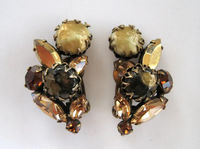 Regency Brown Art Glass and Rhinestone Earrings