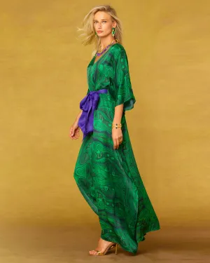 Regina Belted Silk Kaftan in Precious Malachite