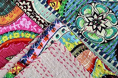 REGMESS Cotton Patchwork Floral Hand Printed Kantha Patch Design Bedding Quilt (Multicolour, 60x90 Inch)