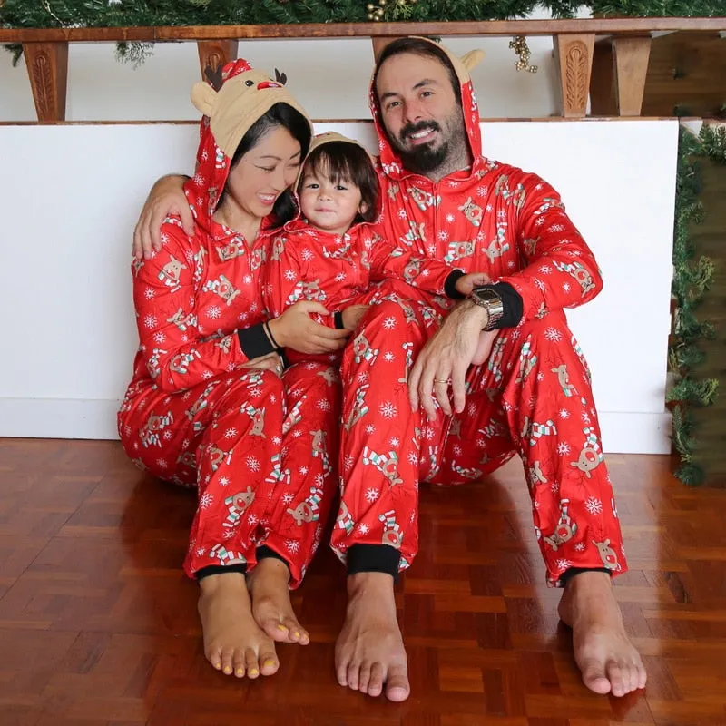 Reindeer Christmas Family Pajamas Onesies Hooded Jumpsuit Pajamas