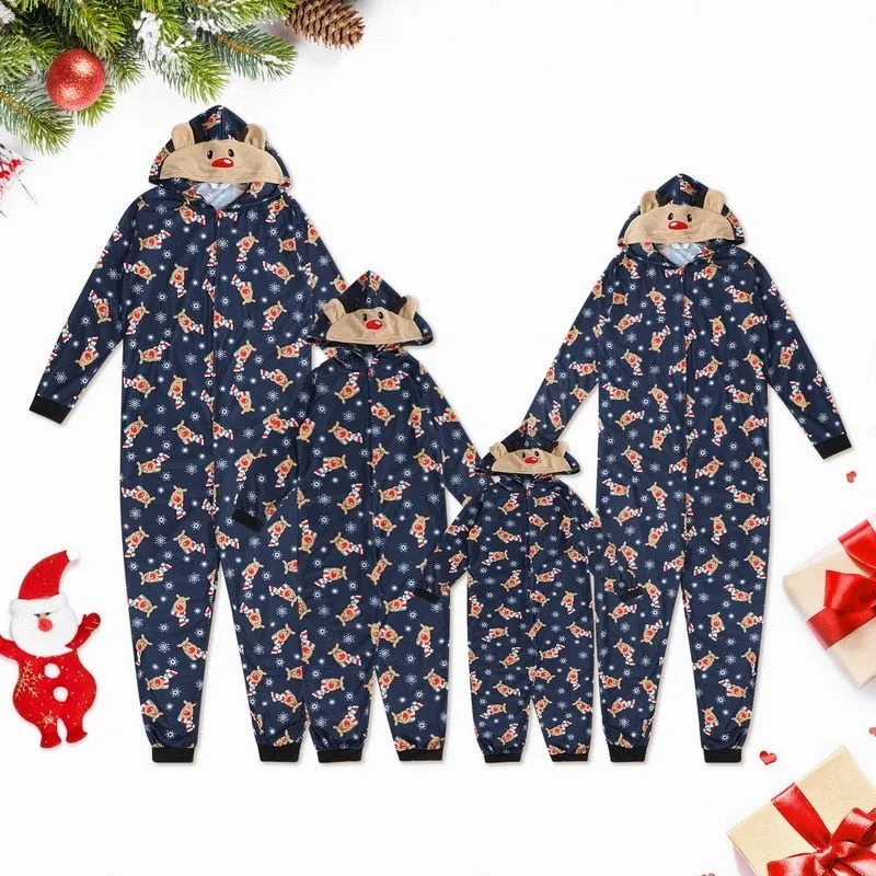 Reindeer Christmas Family Pajamas Onesies Hooded Jumpsuit Pajamas