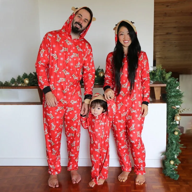 Reindeer Christmas Family Pajamas Onesies Hooded Jumpsuit Pajamas