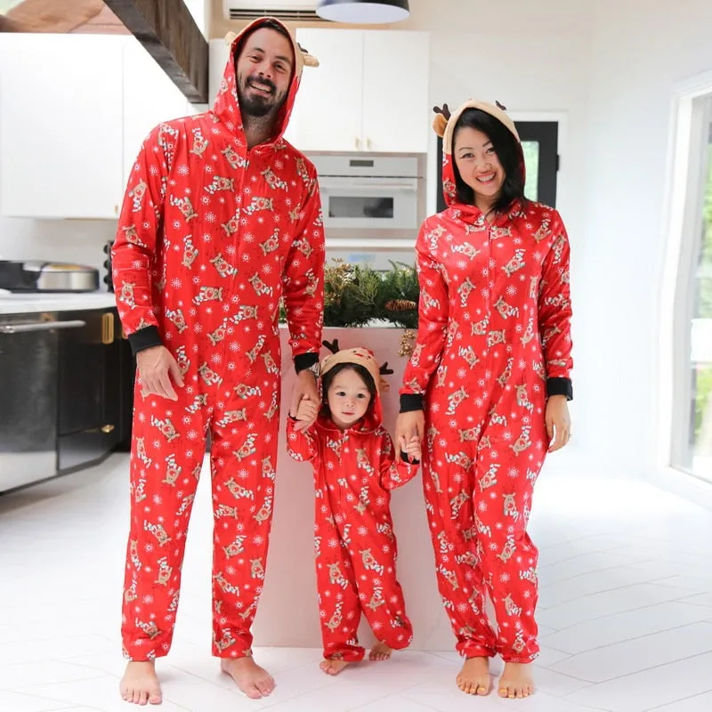 Reindeer Christmas Family Pajamas Onesies Hooded Jumpsuit Pajamas