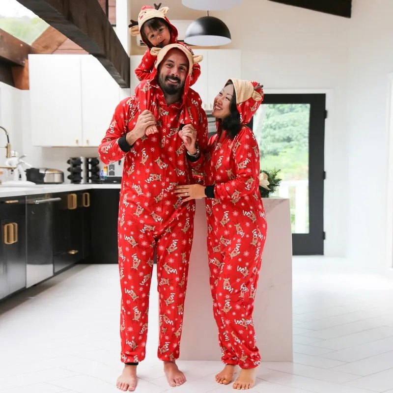 Reindeer Christmas Family Pajamas Onesies Hooded Jumpsuit Pajamas