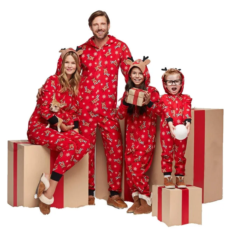 Reindeer Christmas Family Pajamas Onesies Hooded Jumpsuit Pajamas