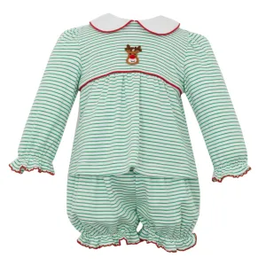 Reindeer Face Knit Bloomer Set- Green Stripe