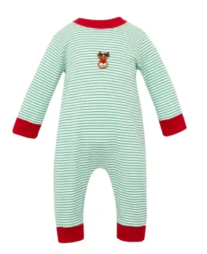 Reindeer Face Knit Romper- Green Stripe