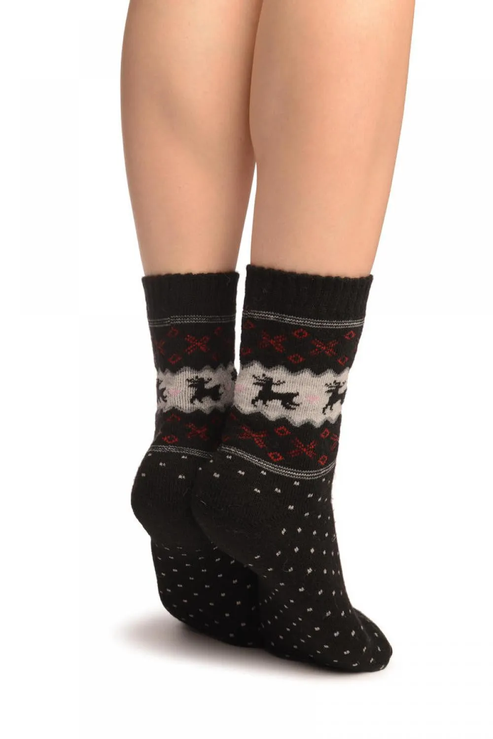 Reindeers & Dots on Black Angora Ankle High Socks