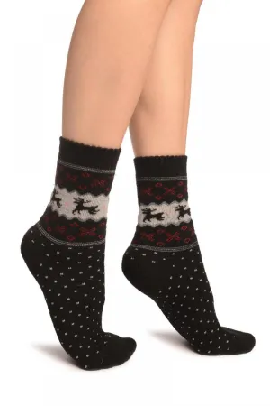 Reindeers & Dots on Black Angora Ankle High Socks