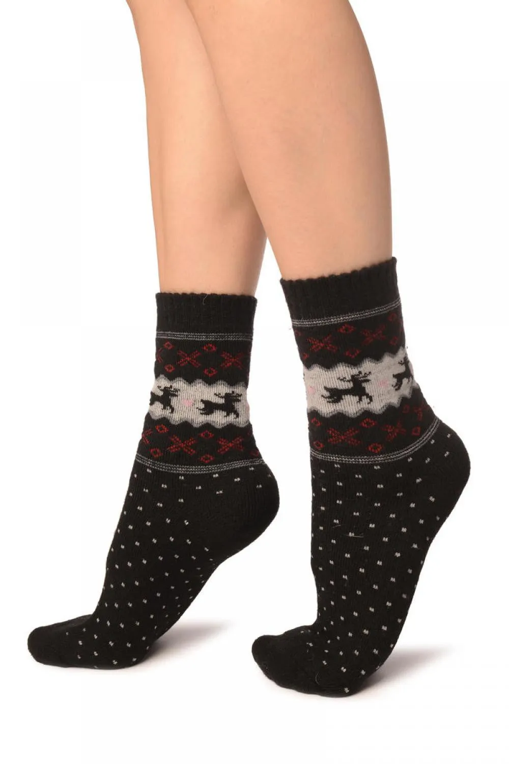 Reindeers & Dots on Black Angora Ankle High Socks