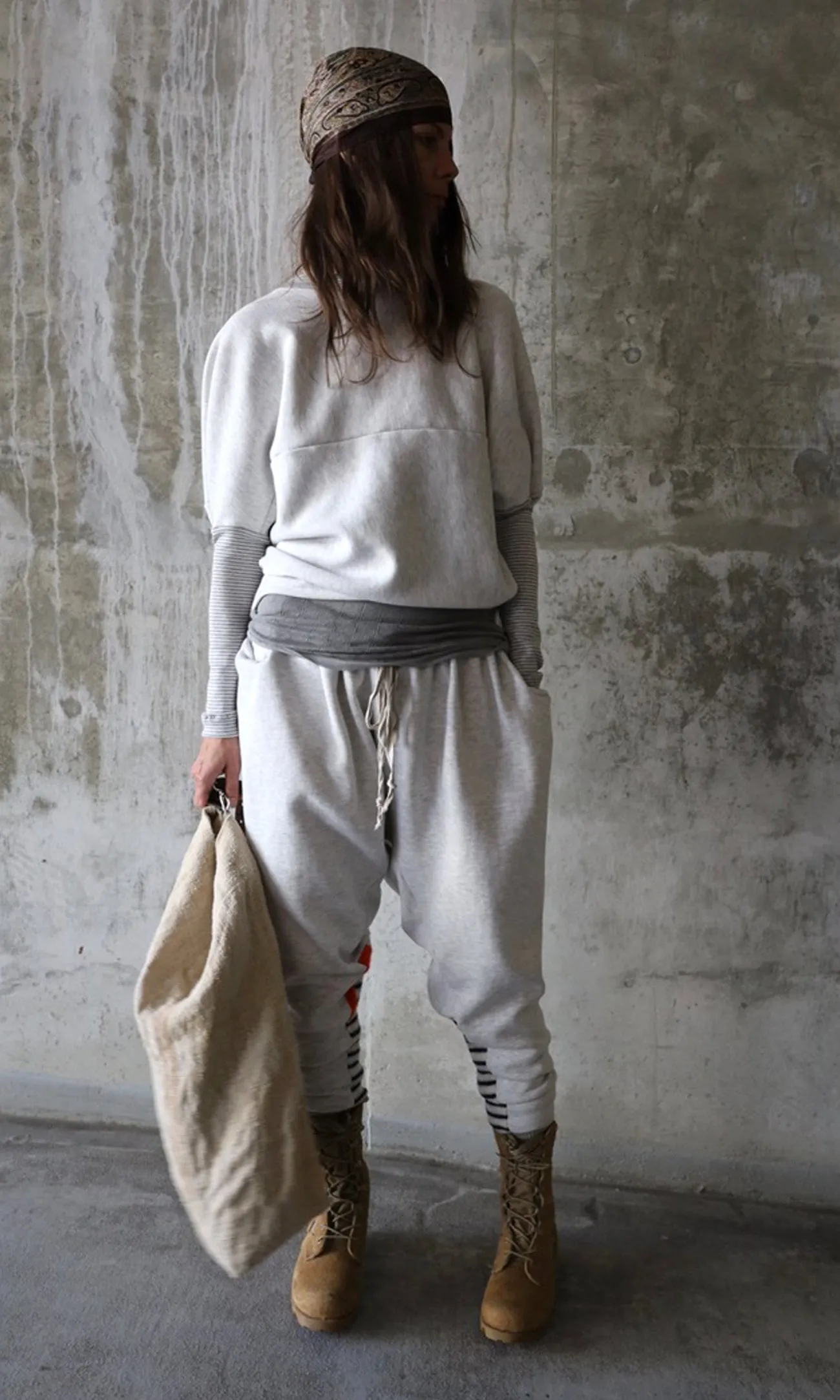 RELAXED FIT HEATHER GREY COTTON PANTS