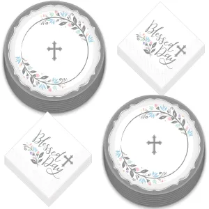 Religious Party Supplies - Holy Day Silver Cross Large Paper Dinner Plates and Luncheon Napkins (Serves 16)