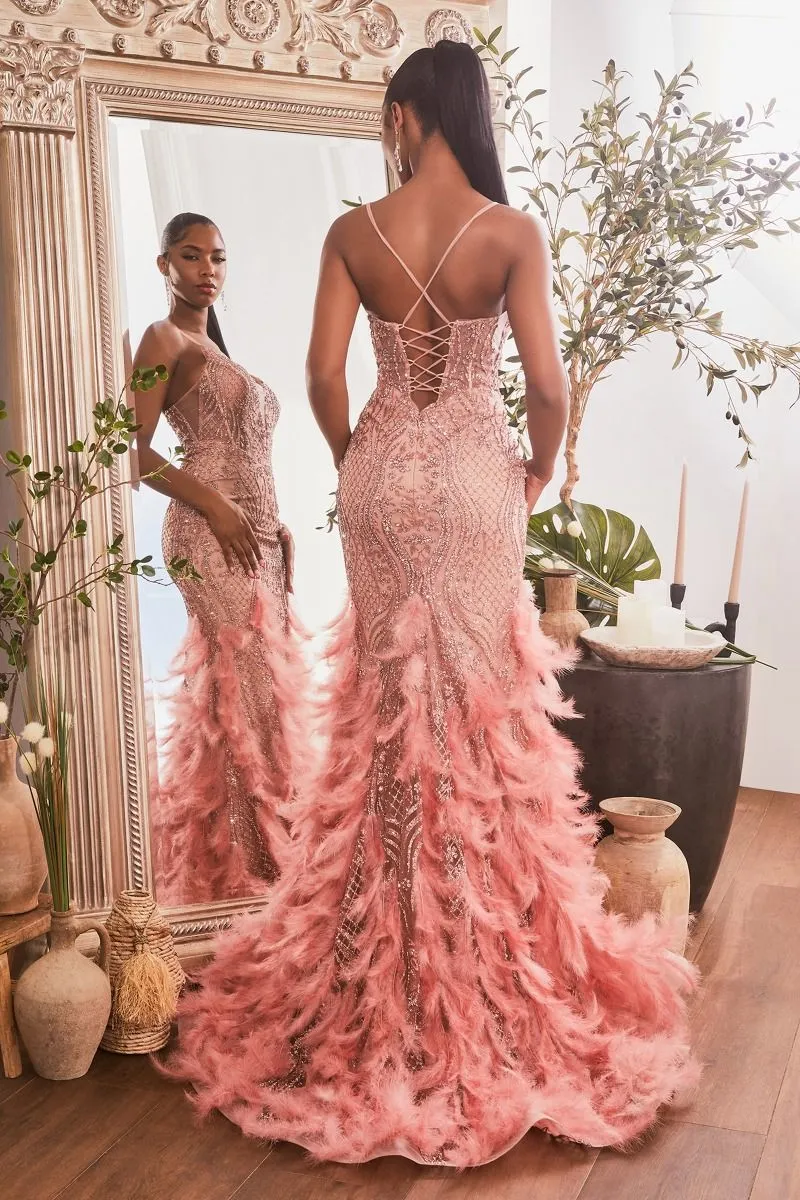 Remember Prom Dress Feathered Mermaid Gown 7401608TIR-Rose LaDivine CC1608 Cinderella Divine CC1608  Andrea & Leo CC1608