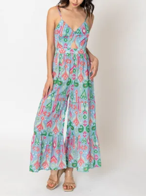 Remi Abstract Printed Wide Leg Jumpsuit In Blue/Pink Multi