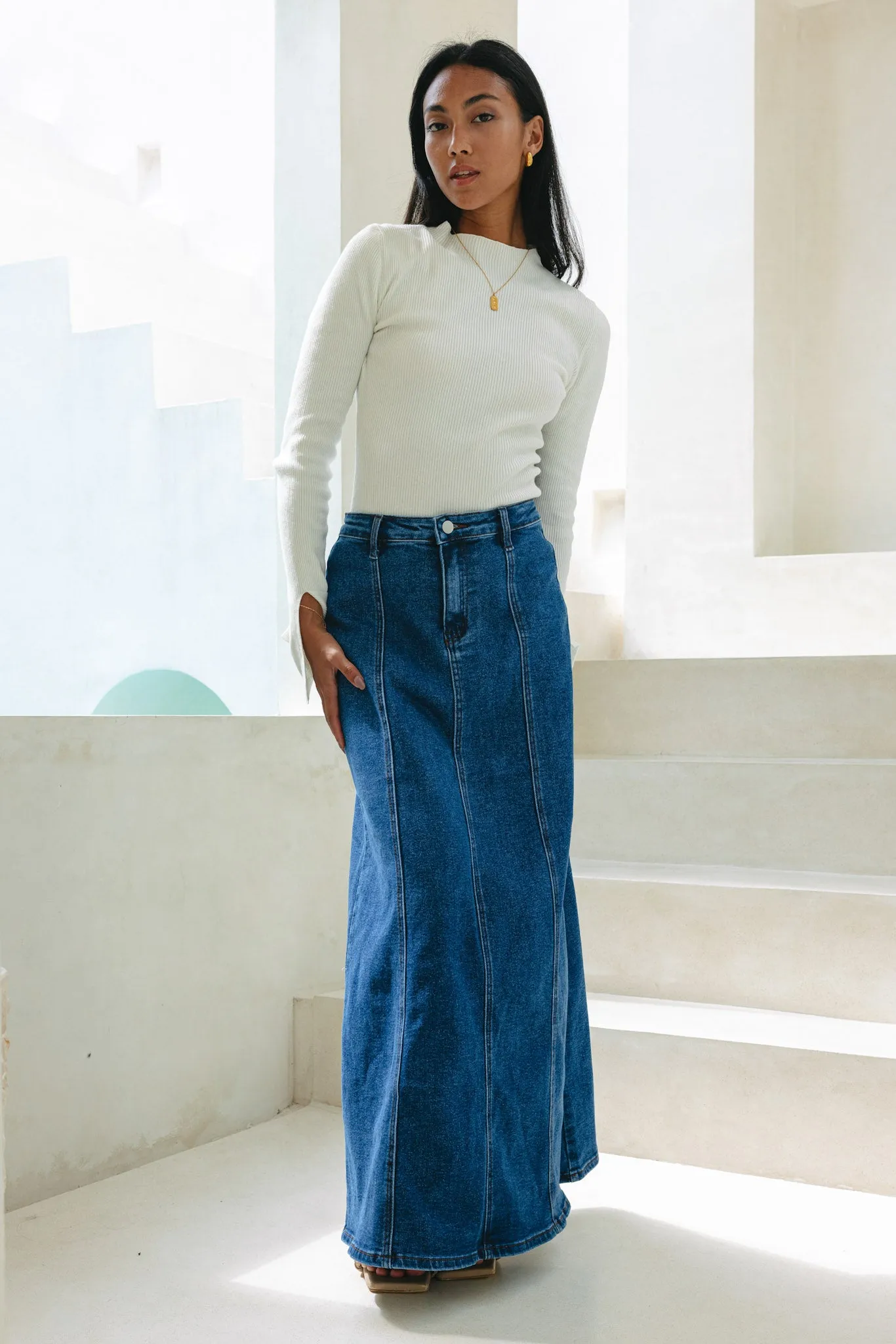 Remi Blue Denim Panel Maxi Skirt