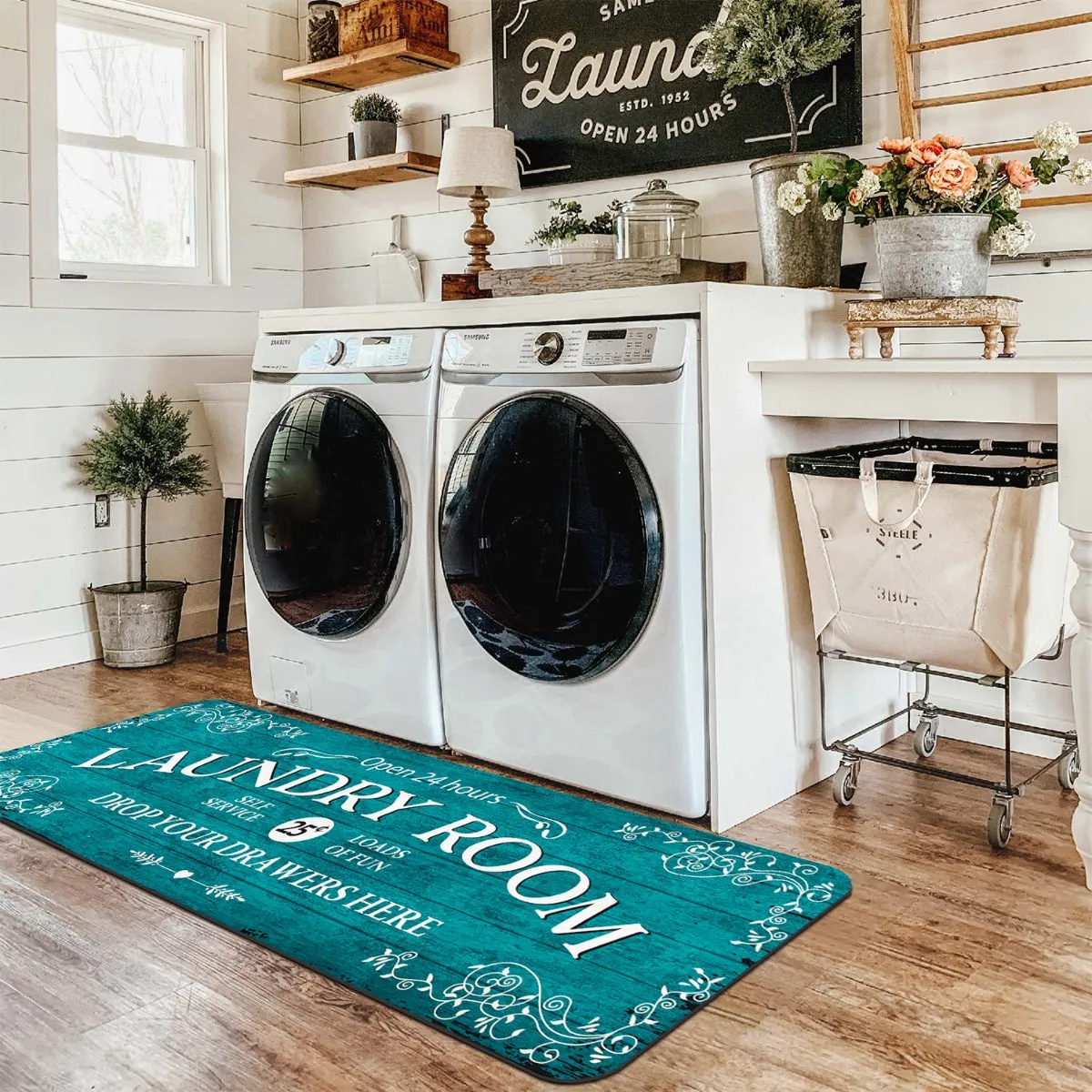 Remi Farmhouse Blue Laundry Room Rug and Mat