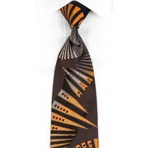 Remizio Men's Silk Rhinestone Necktie Silver Orange Geometric On Brown Black