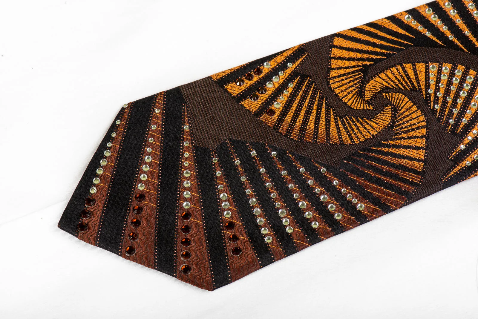 Remizio Men's Silk Rhinestone Necktie Silver Orange Geometric On Brown Black