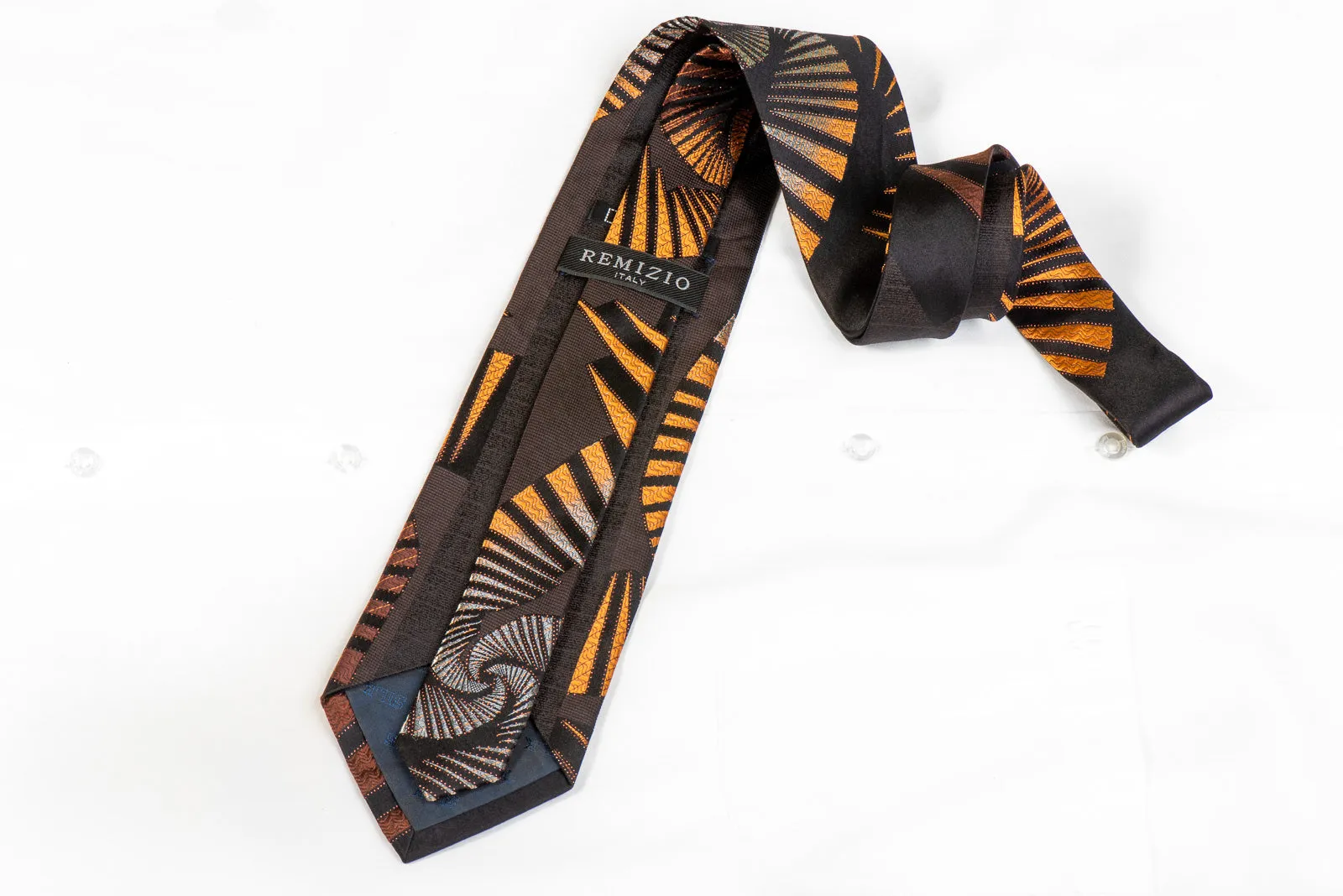 Remizio Men's Silk Rhinestone Necktie Silver Orange Geometric On Brown Black