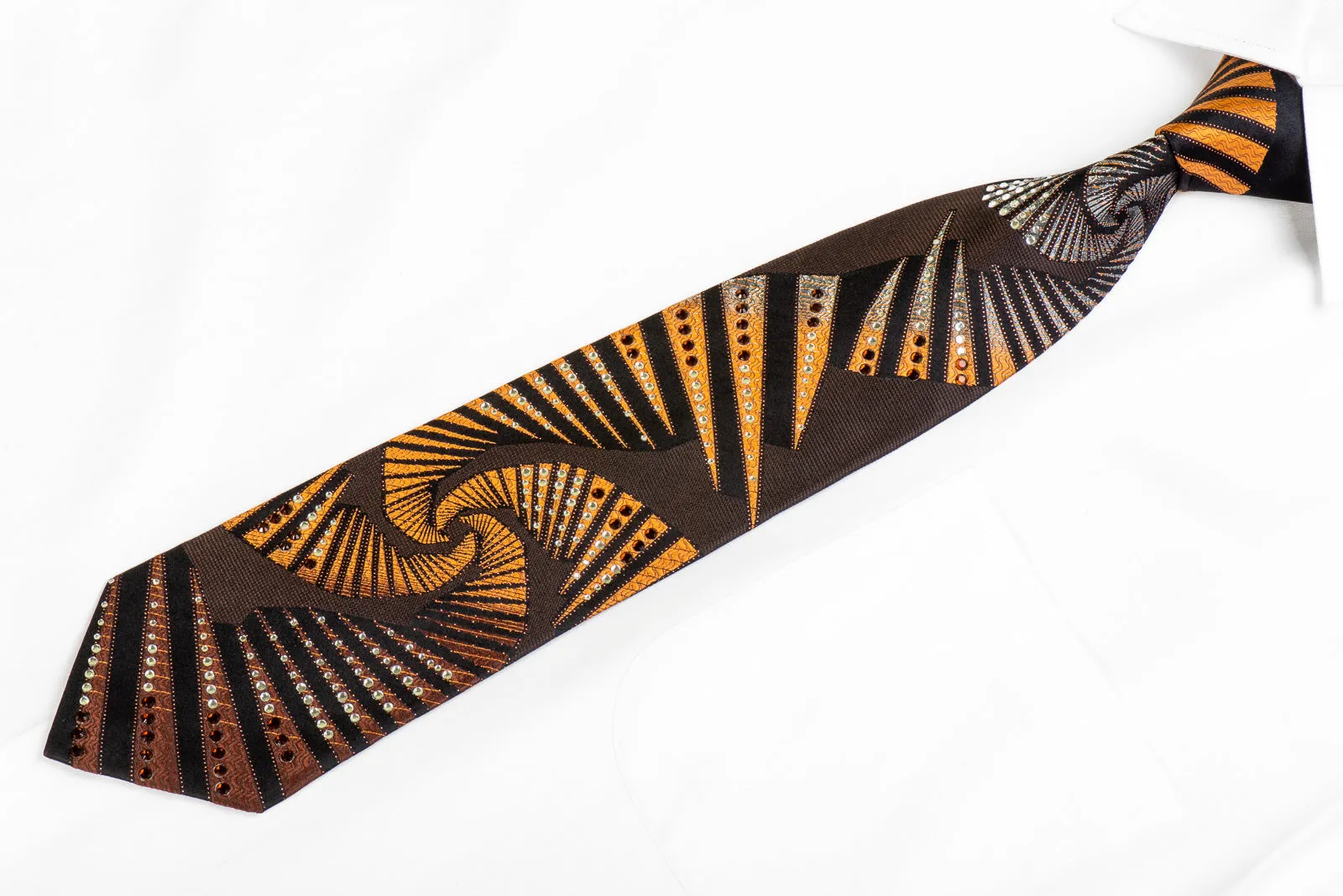 Remizio Men's Silk Rhinestone Necktie Silver Orange Geometric On Brown Black