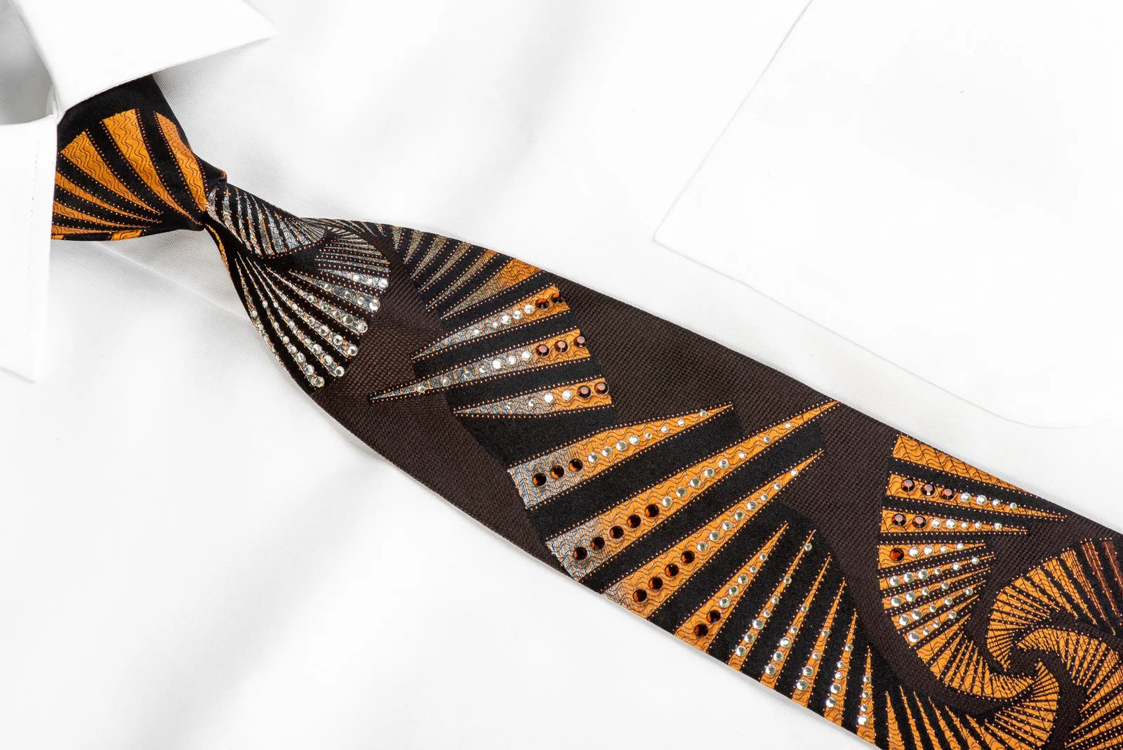 Remizio Men's Silk Rhinestone Necktie Silver Orange Geometric On Brown Black