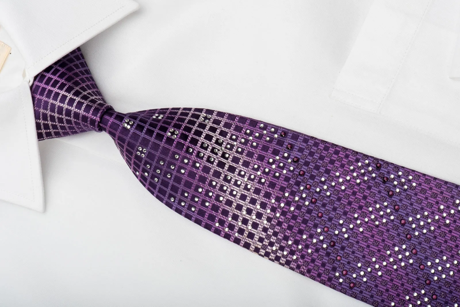 Remizio Rhinestone Silk Necktie Squares On Purple With Sparkles