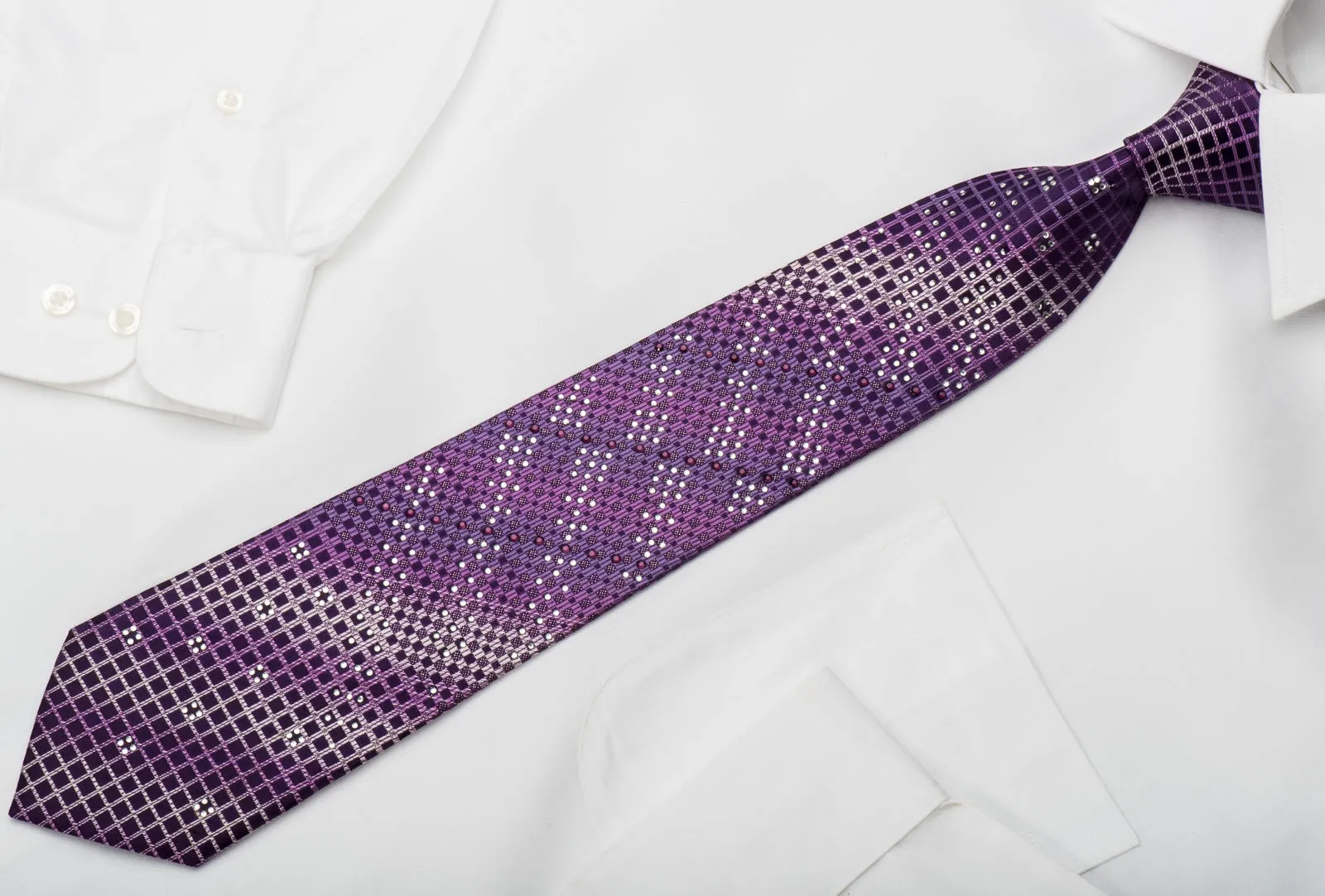 Remizio Rhinestone Silk Necktie Squares On Purple With Sparkles